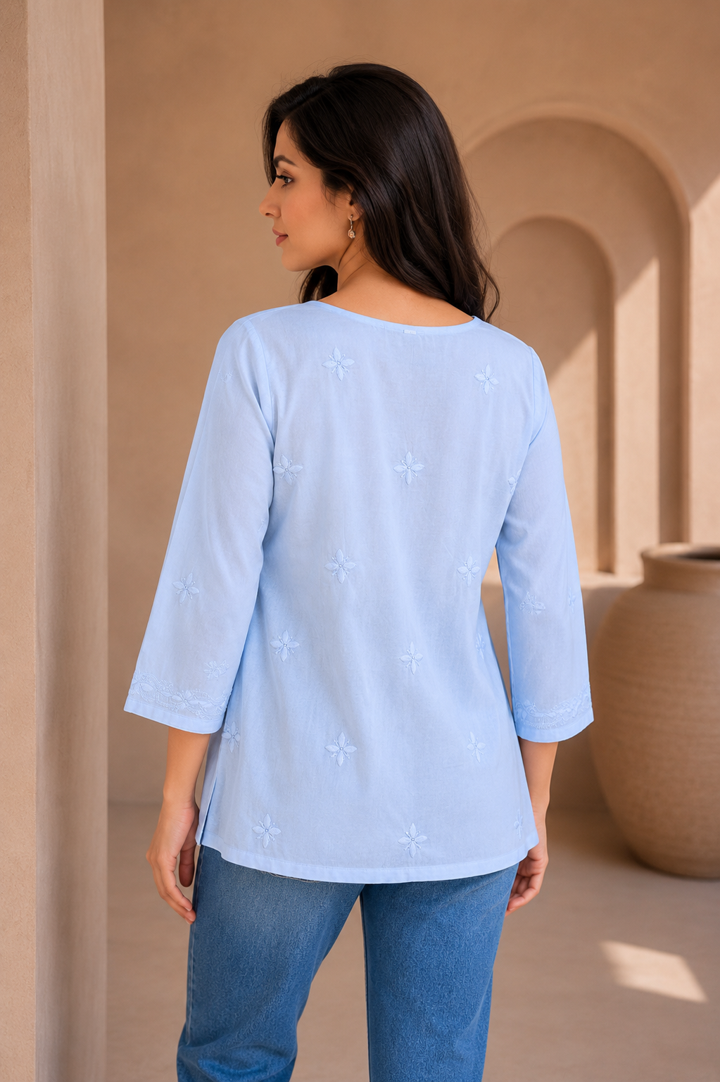 Sky Blue Mulmul Lace Chikankari Top