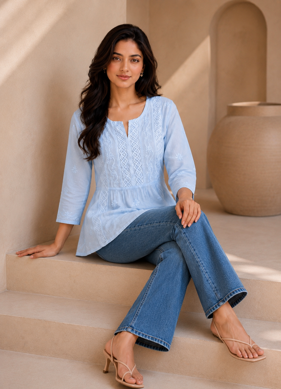 Sky Blue Mulmul Lace Chikankari Top