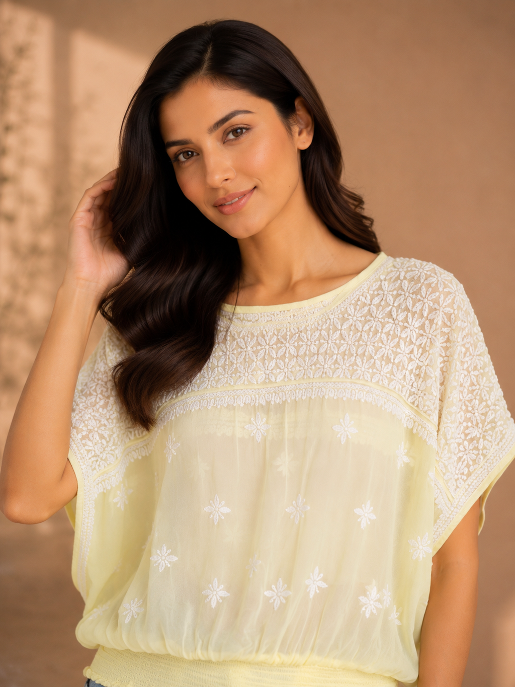Aurelia Chikankari Smocked Yellow Top