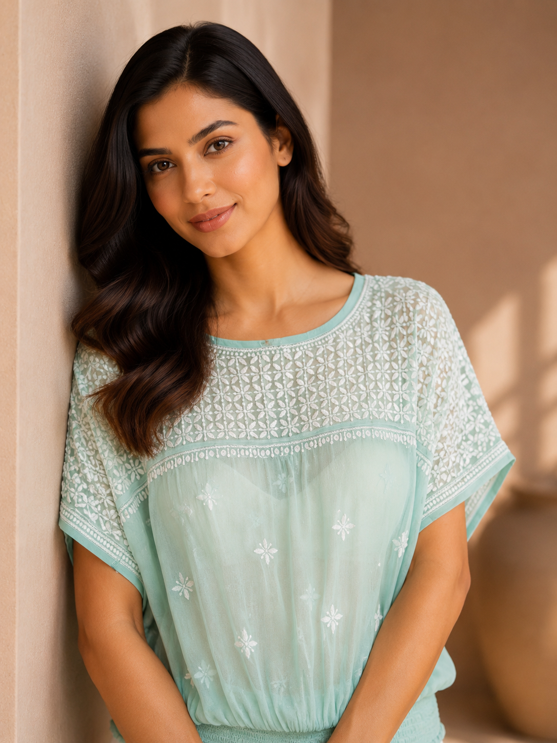 Aurelia Chikankari Smocked Green Top