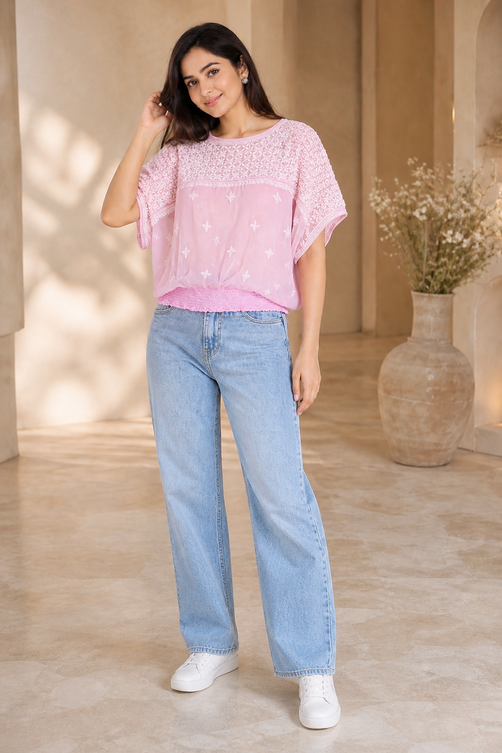 Aurelia Chikankari Smocked Pink Top