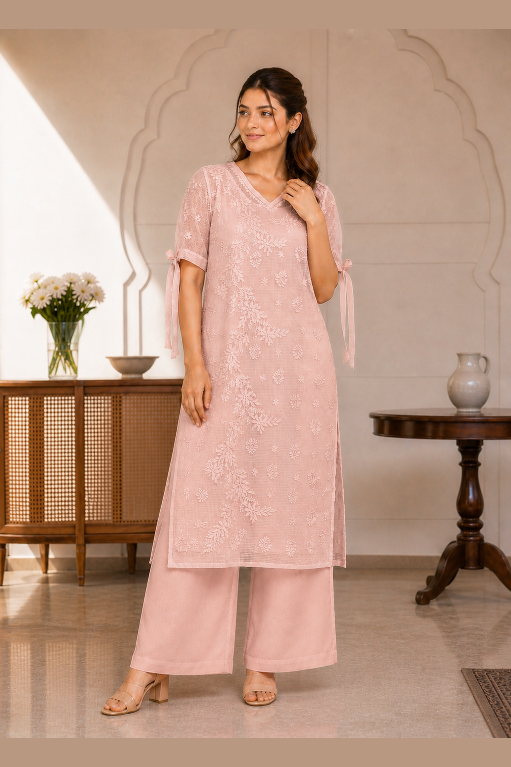 Kota Tie Sleeve Pink Chikankari Kurti