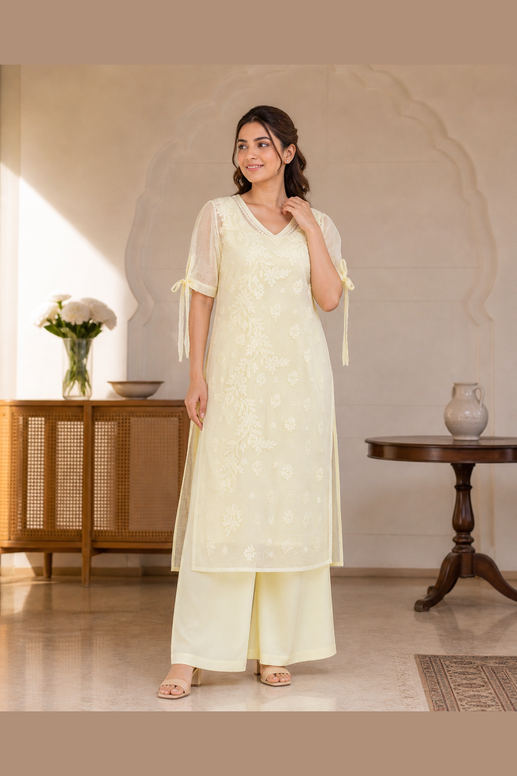 Kota Tie Sleeve Yellow Chikankari Kurti