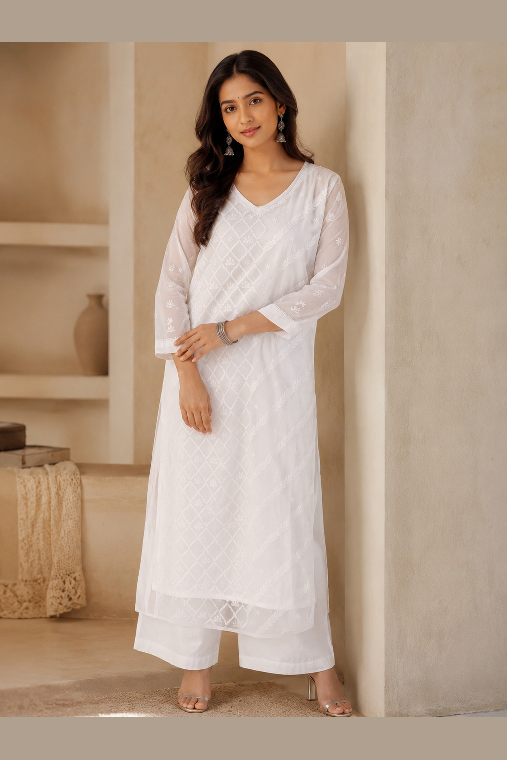Noor Mul V-Neck White Kurta