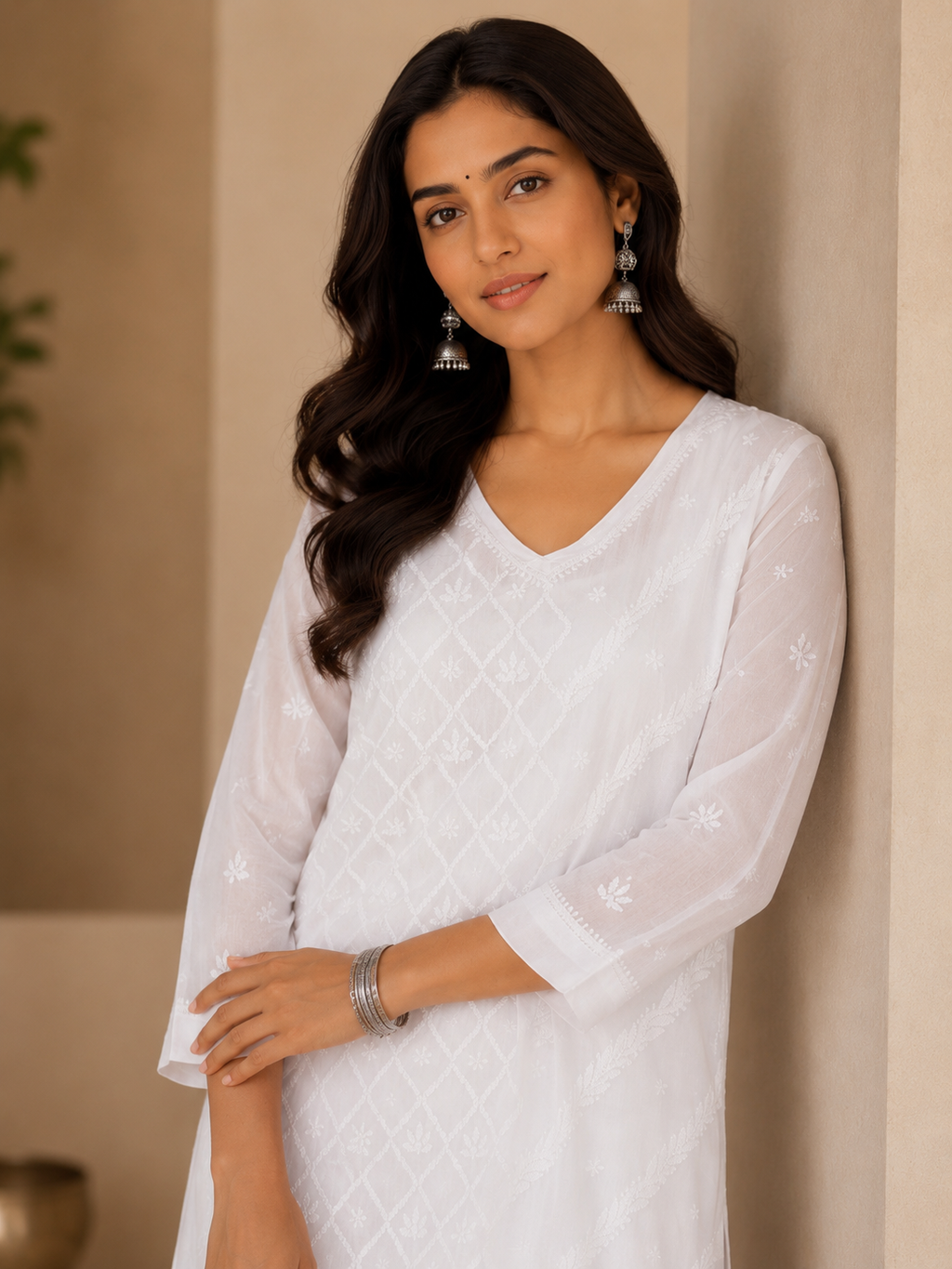 Noor Mul V-Neck White Kurta