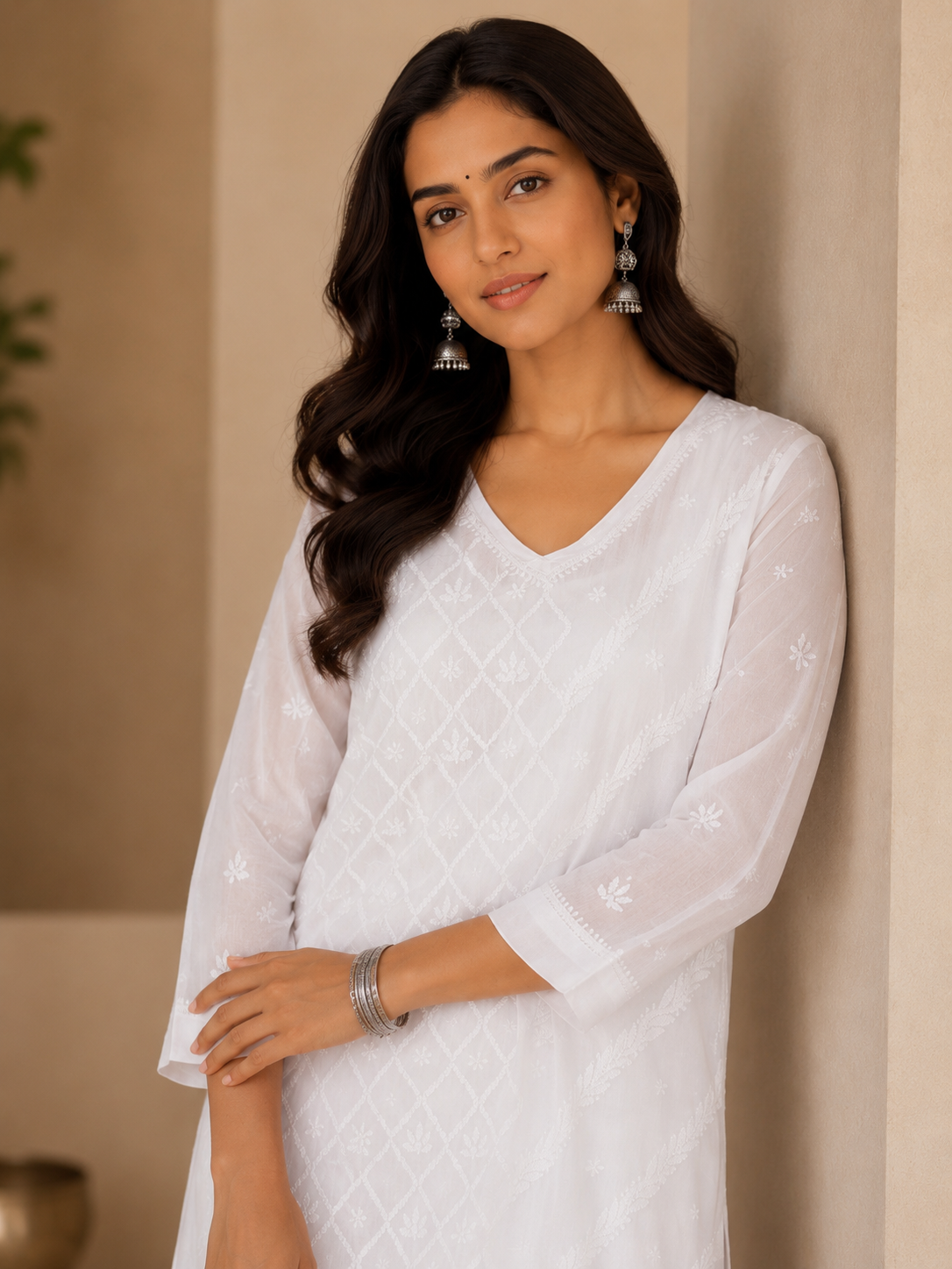 Noor Mul V-Neck White Kurta
