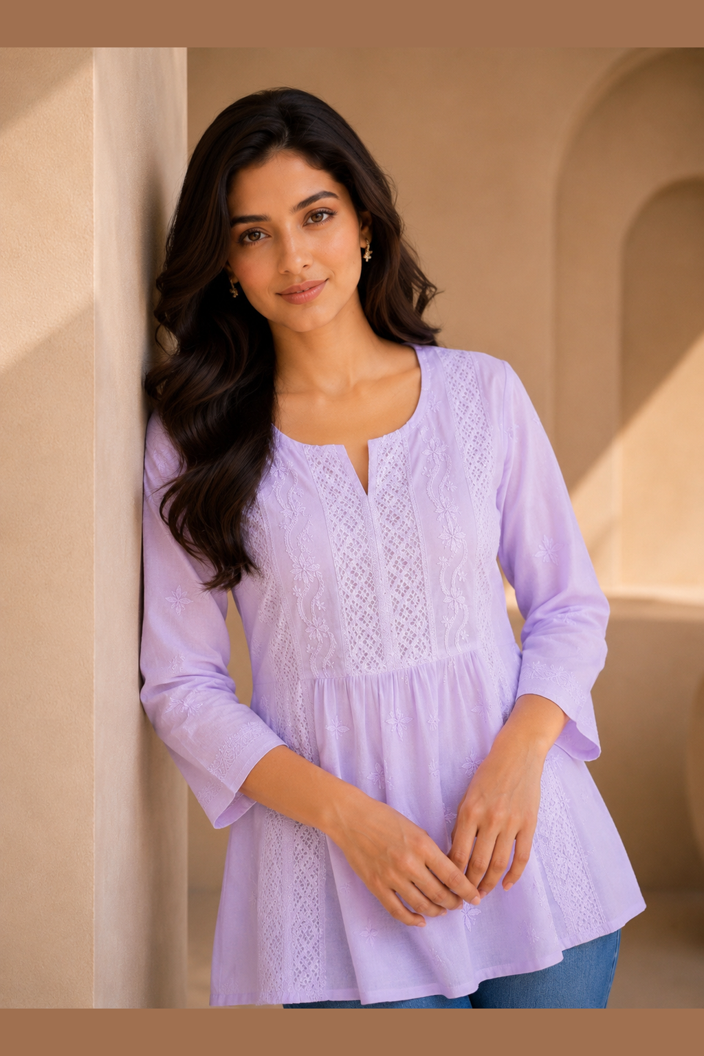 Purple Mulmul Lace Chikankari Top