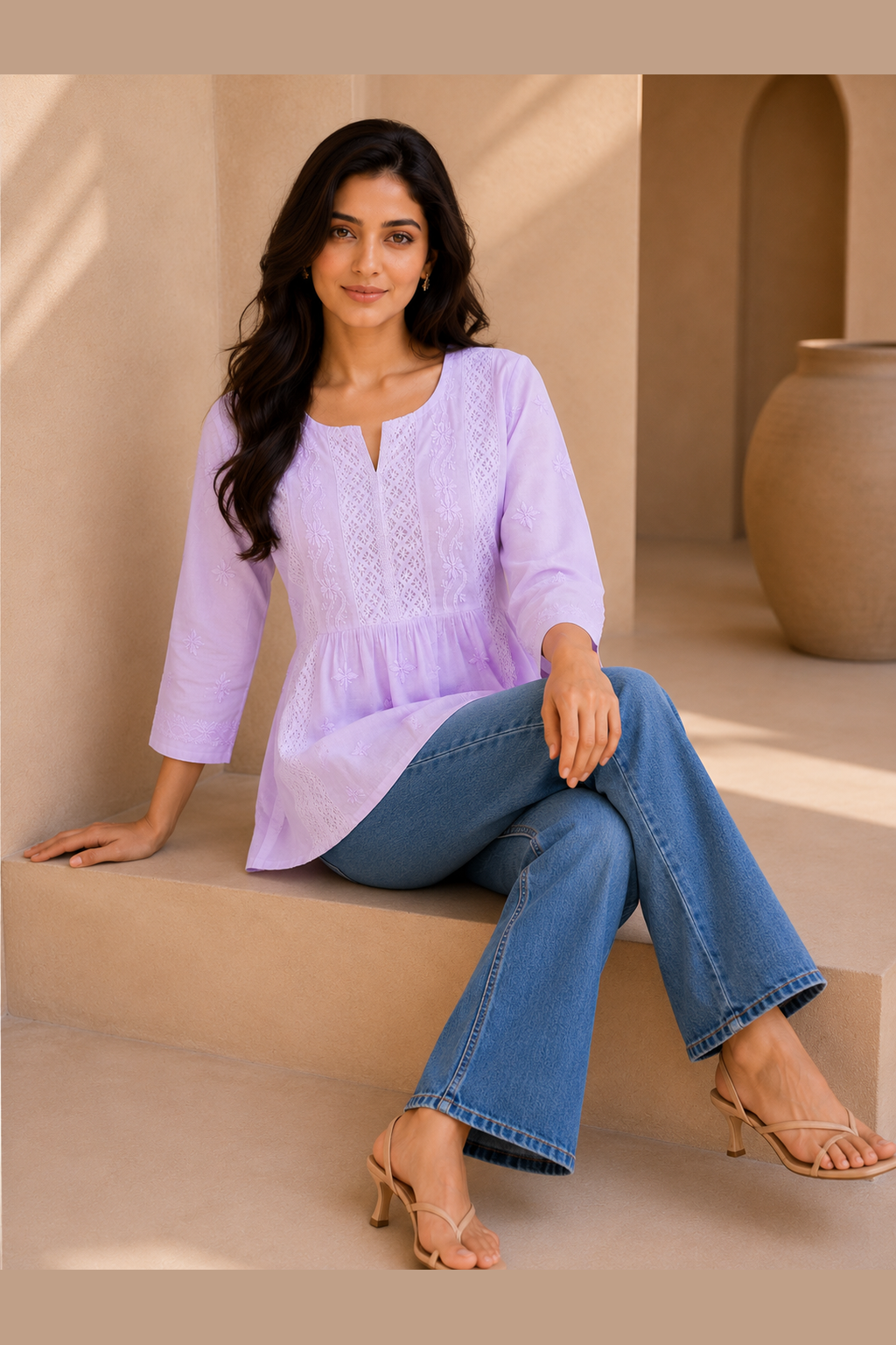 Purple Mulmul Lace Chikankari Top