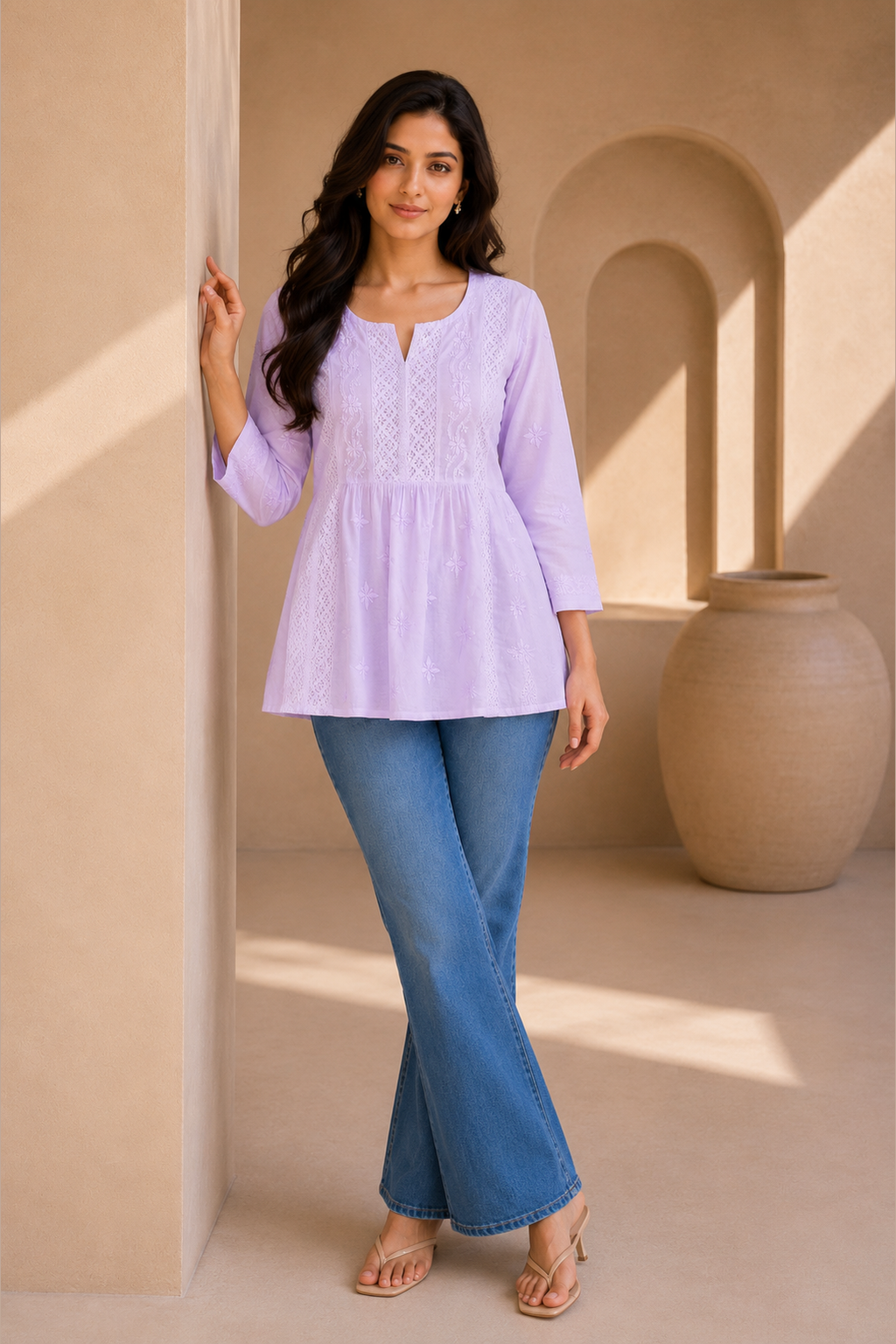 Purple Mulmul Lace Chikankari Top