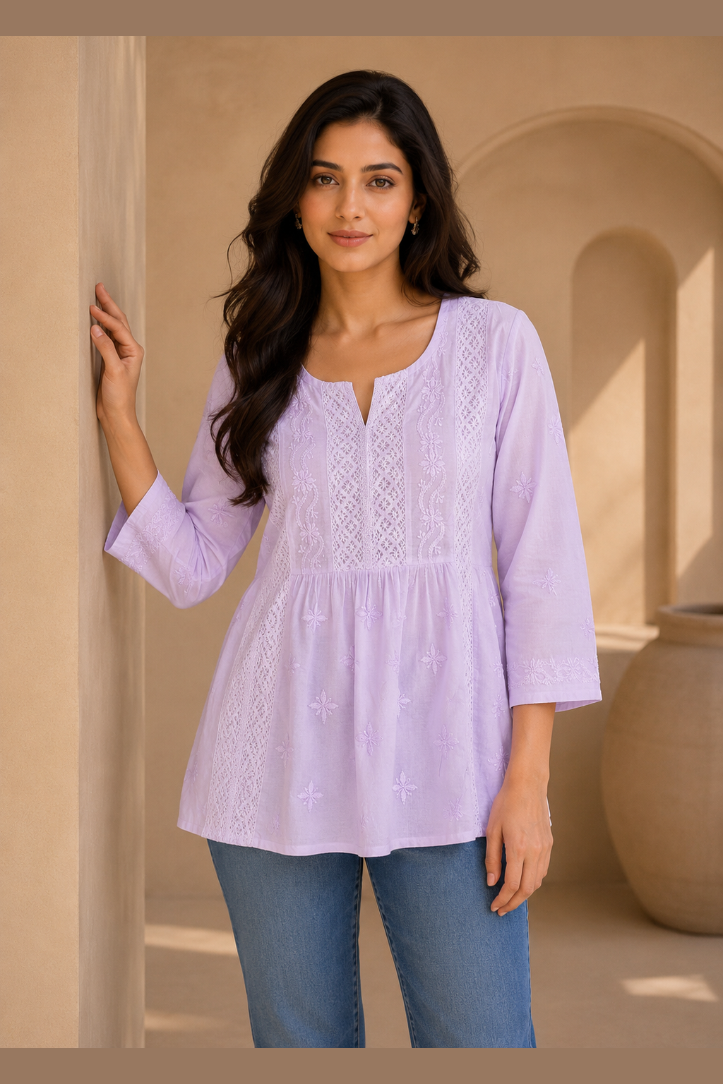 Purple Mulmul Lace Chikankari Top