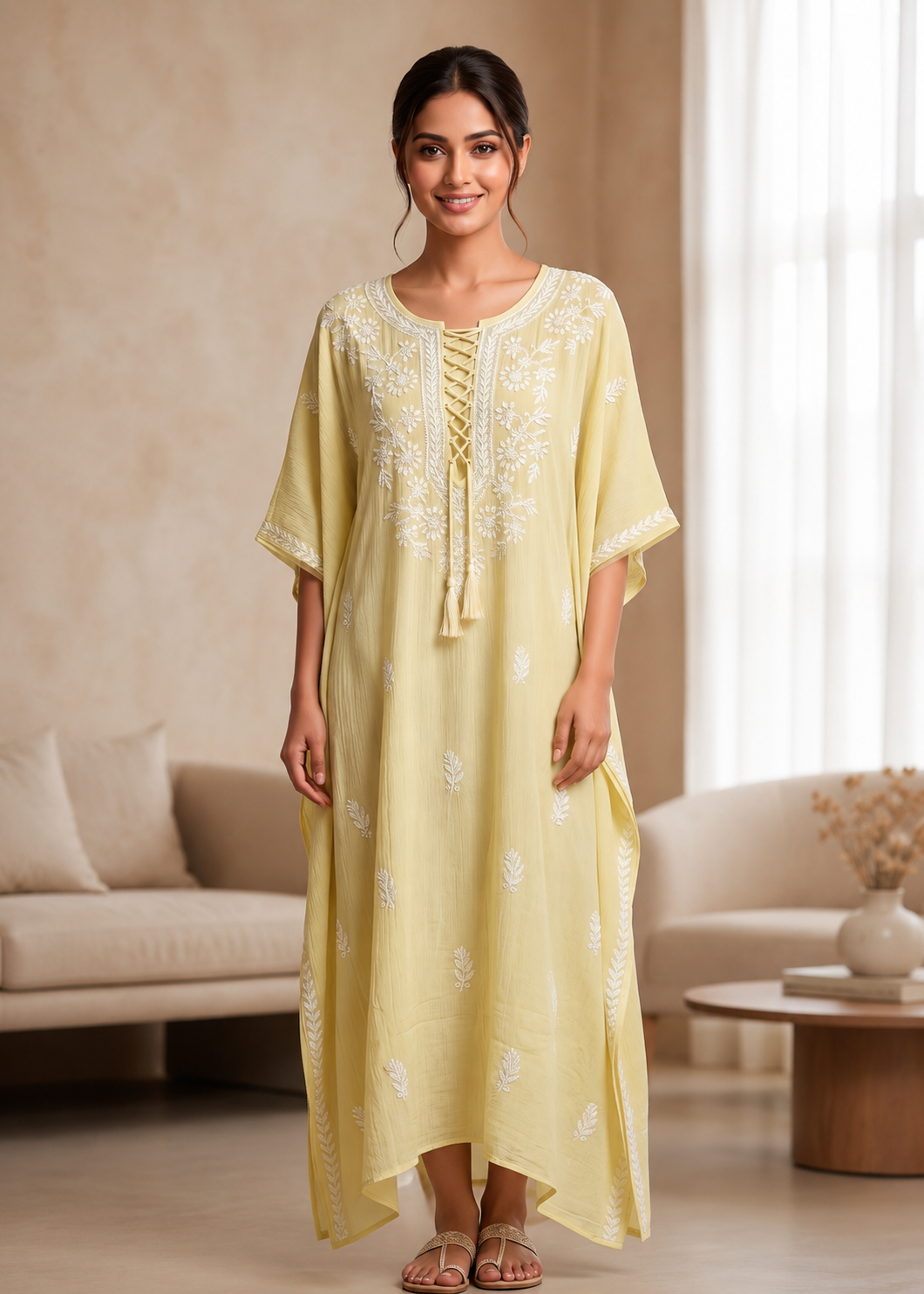 Chikankari Yellow Cursh Rayon Kaftan