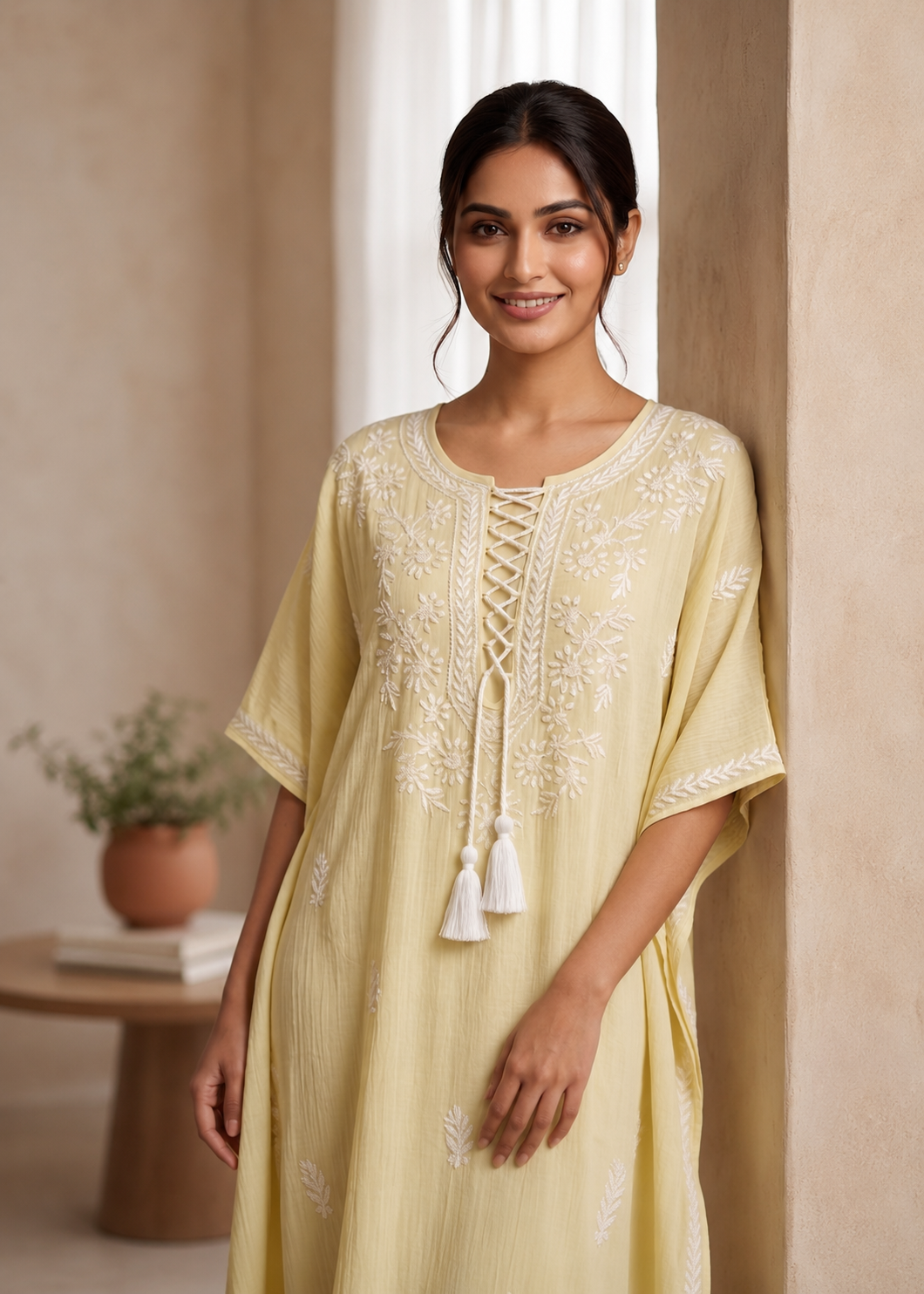 Chikankari Yellow Cursh Rayon Kaftan
