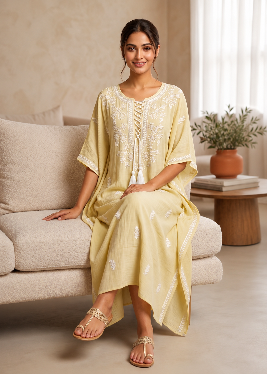 Chikankari Yellow Cursh Rayon Kaftan