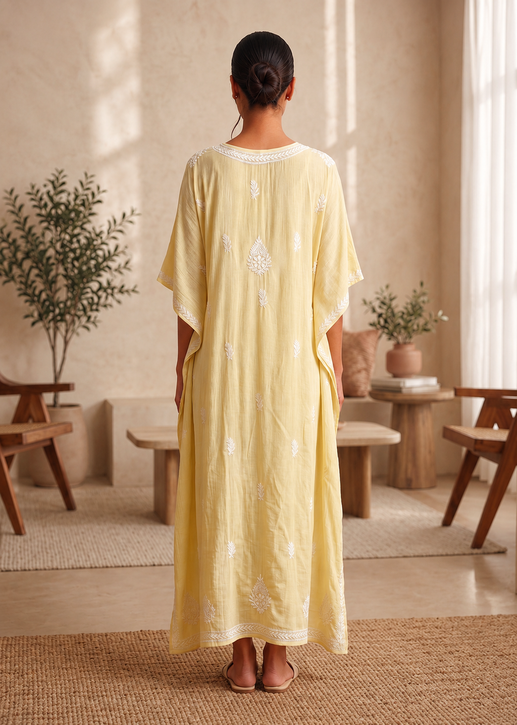 Chikankari Yellow Cursh Rayon Kaftan