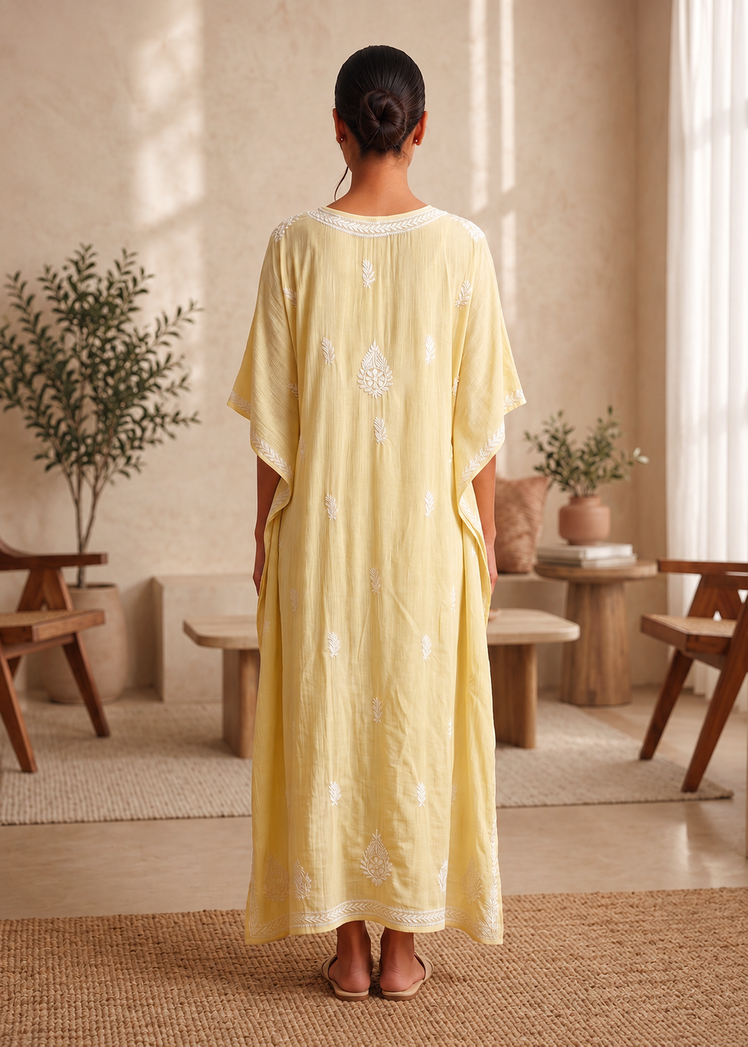 Chikankari Yellow Cursh Rayon Kaftan