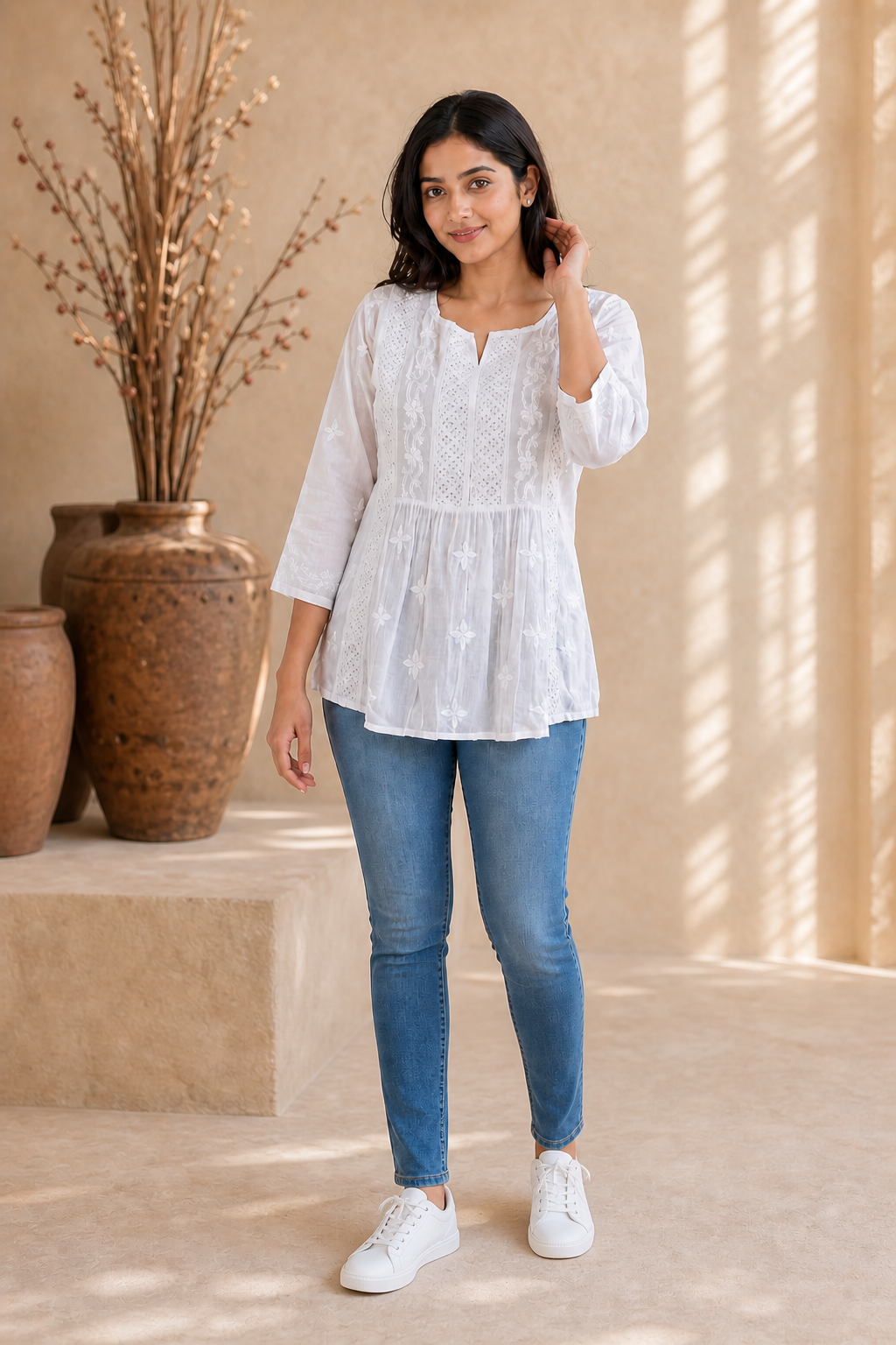 White Mulmul Lace Chikankari Top