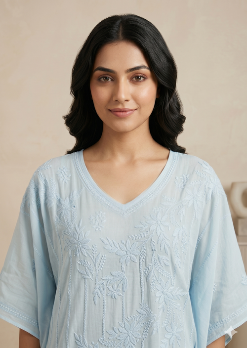 Chikankari Sky Blue Muslin Kaftan