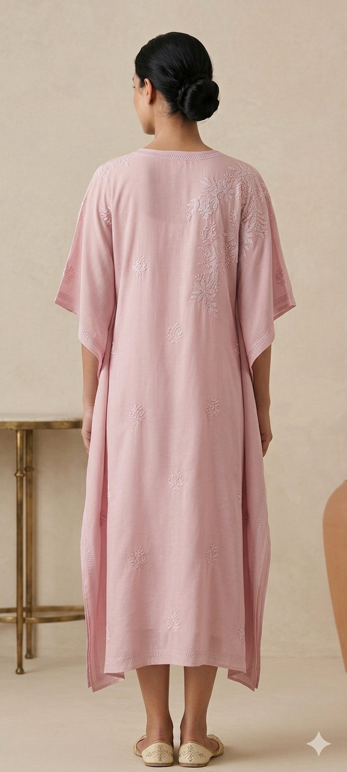 Chikankari Pink Muslin Kaftan