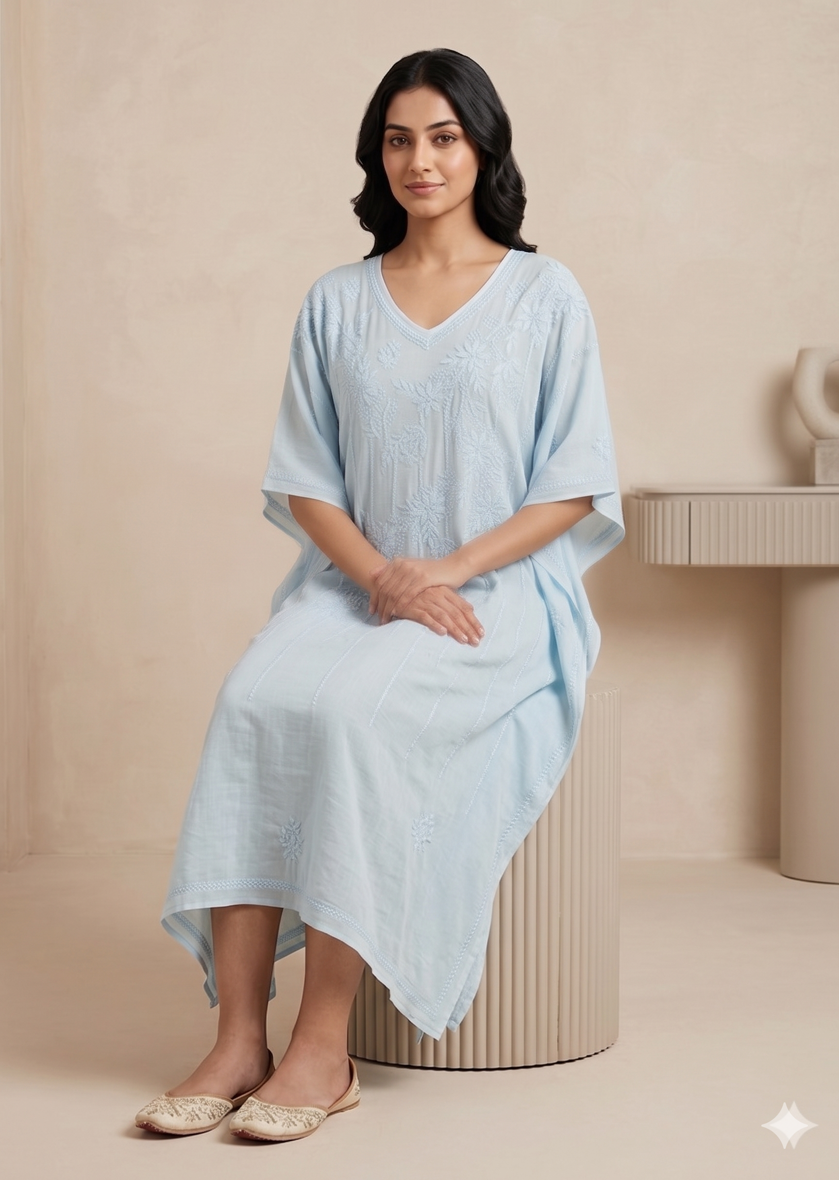 Chikankari Sky Blue Muslin Kaftan