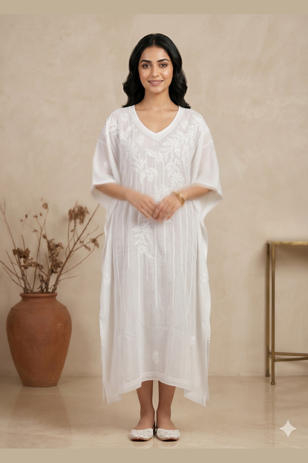 Chikankari White Muslin Kaftan