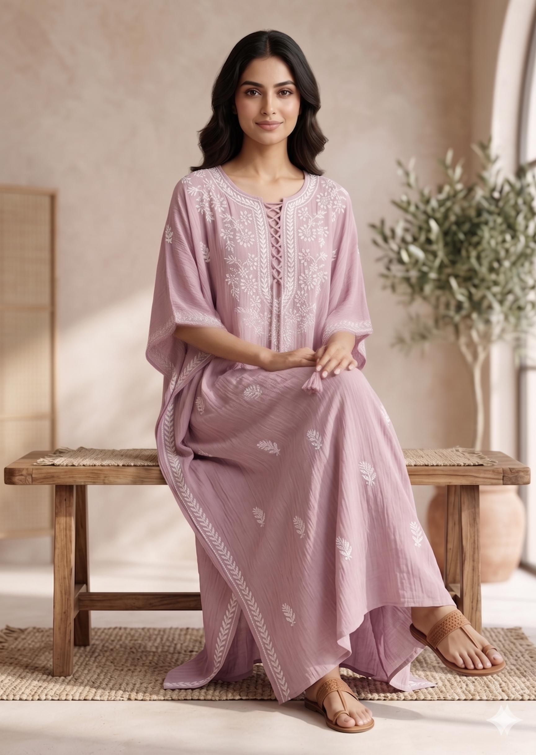 Chikankari Pink Cursh Rayon Kaftan