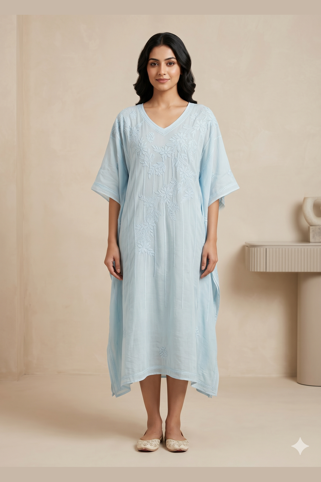 Chikankari Sky Blue Muslin Kaftan