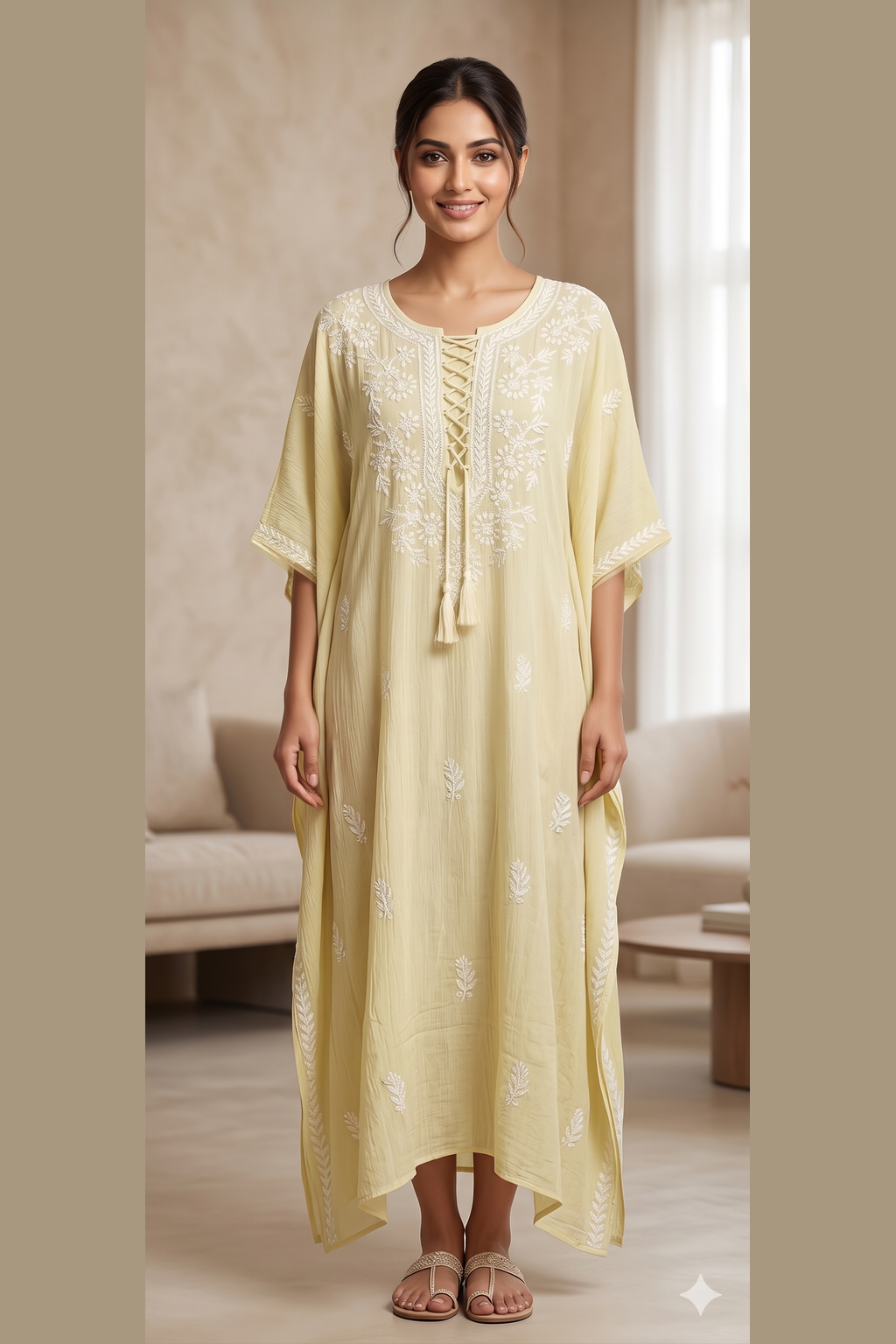 Chikankari Yellow Cursh Rayon Kaftan