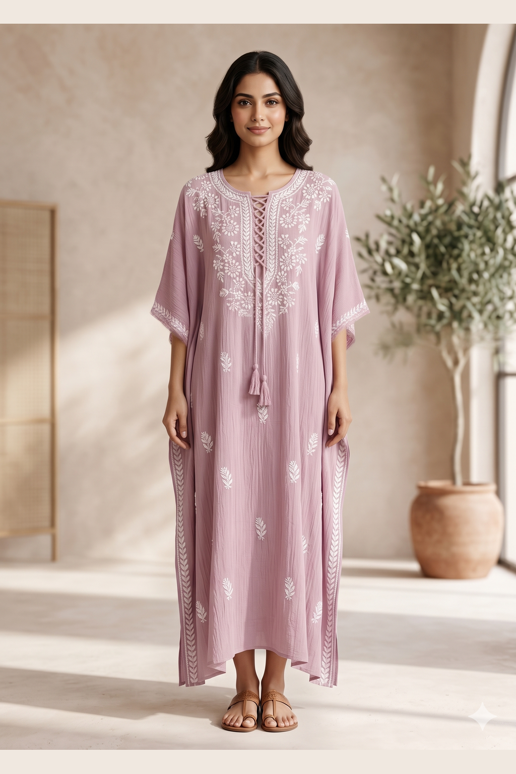 Chikankari Pink Cursh Rayon Kaftan