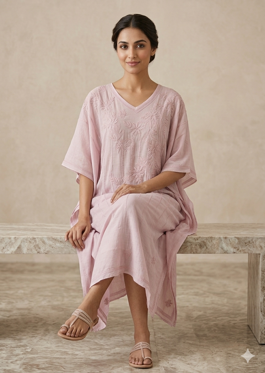 Chikankari Pink Muslin Kaftan