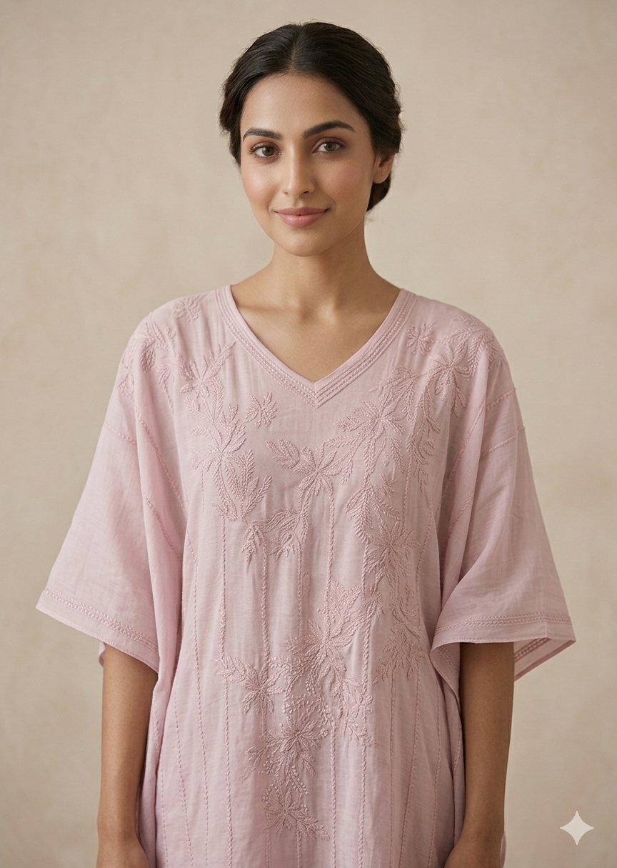 Chikankari Pink Muslin Kaftan