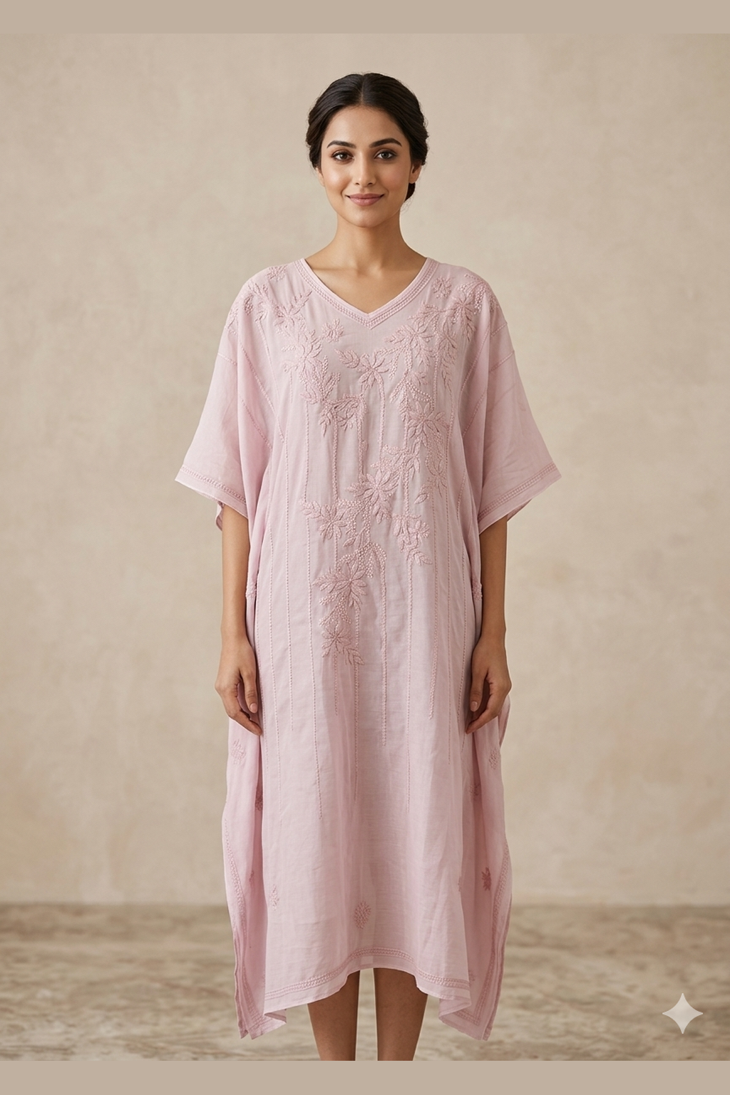 Chikankari Pink Muslin Kaftan