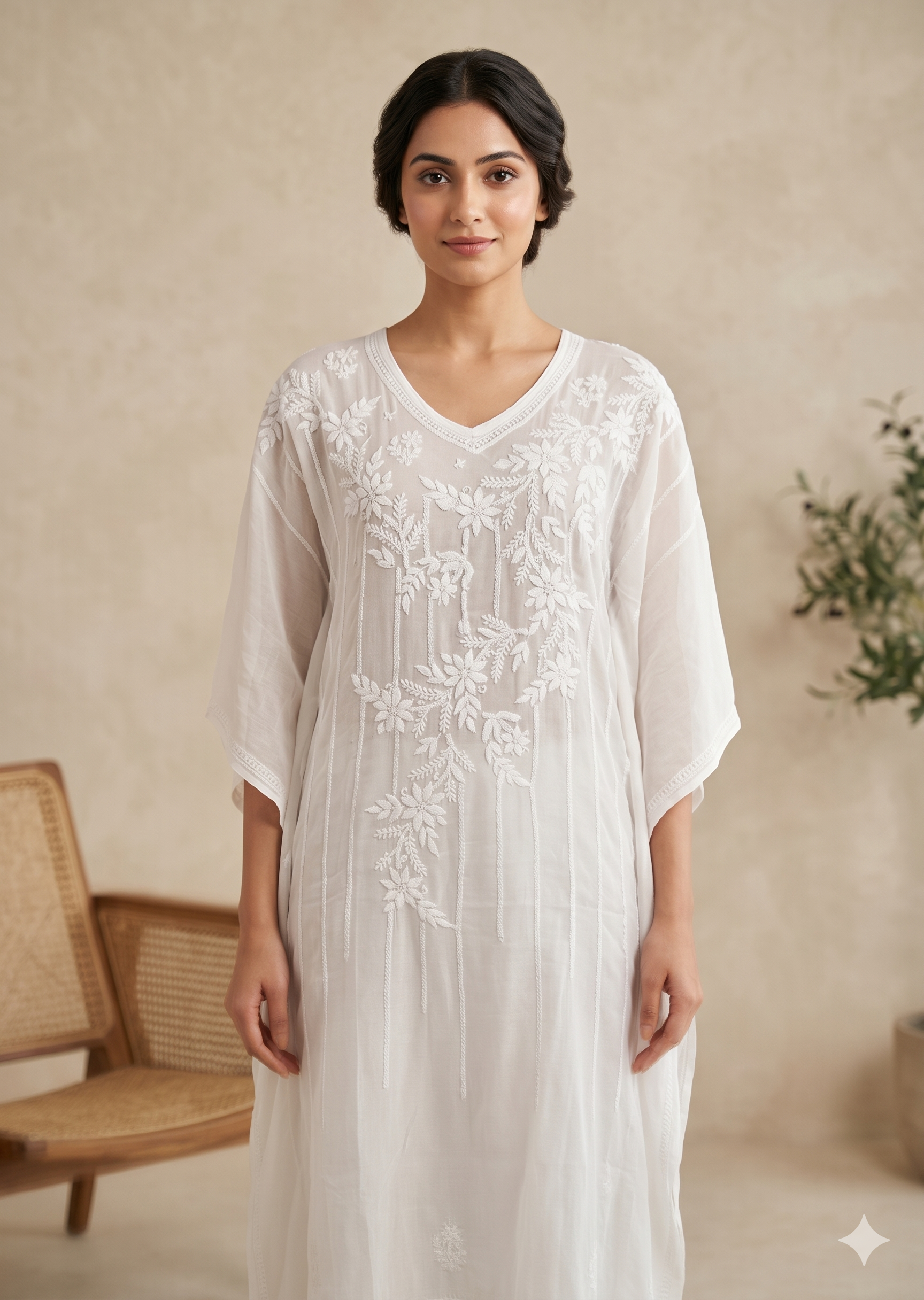 Chikankari White Muslin Kaftan