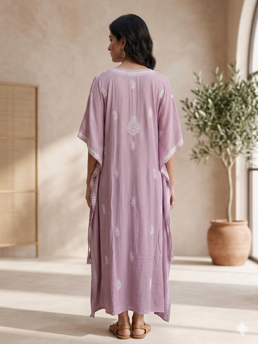 Chikankari Pink Cursh Rayon Kaftan