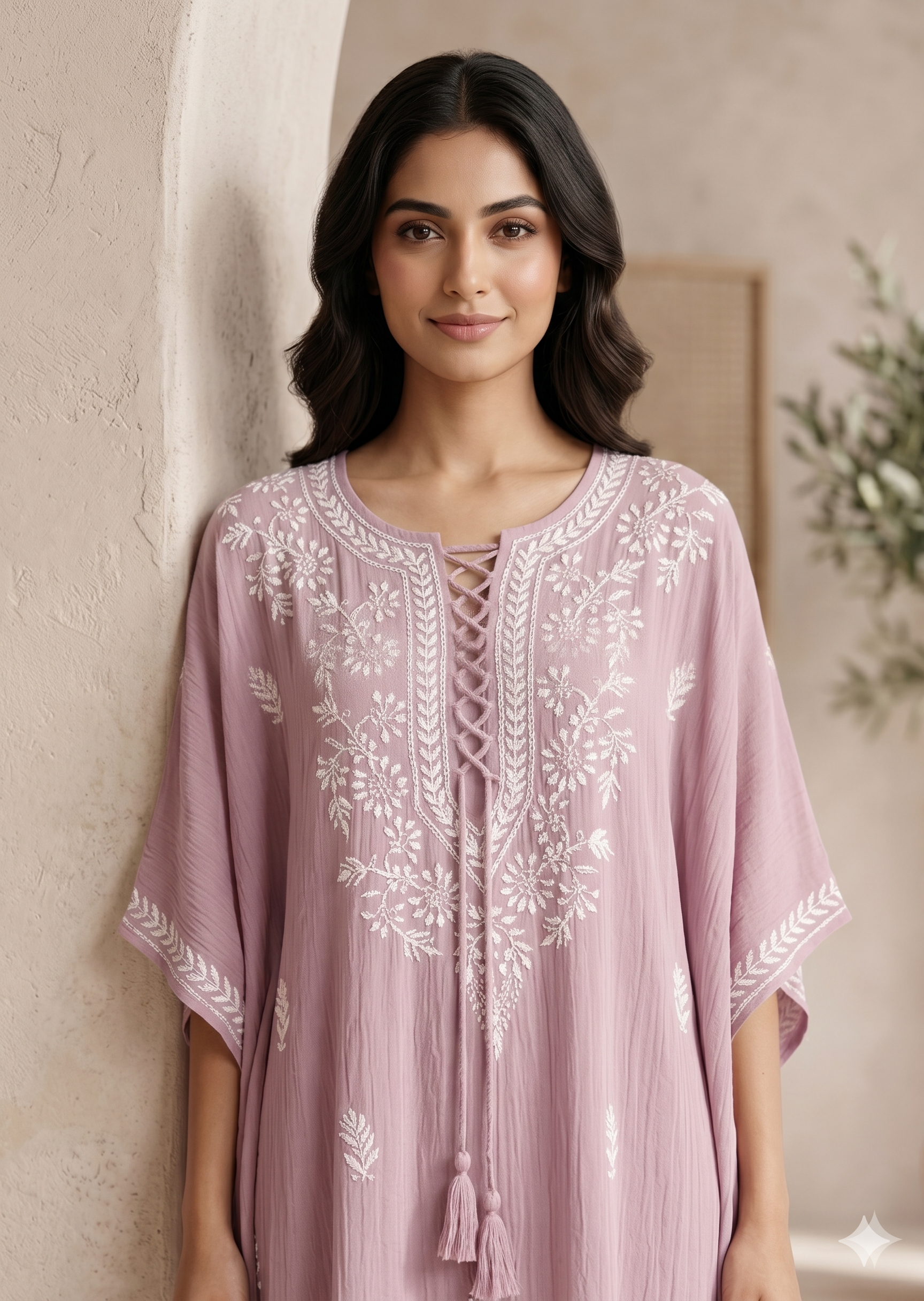 Chikankari Pink Cursh Rayon Kaftan