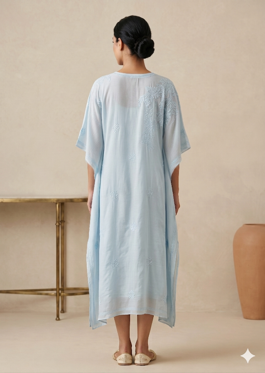 Chikankari Sky Blue Muslin Kaftan