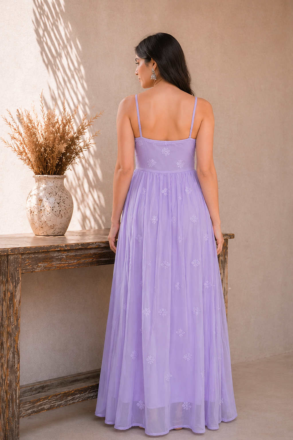 Purple Chikankari Georgette Lace-Up Dress