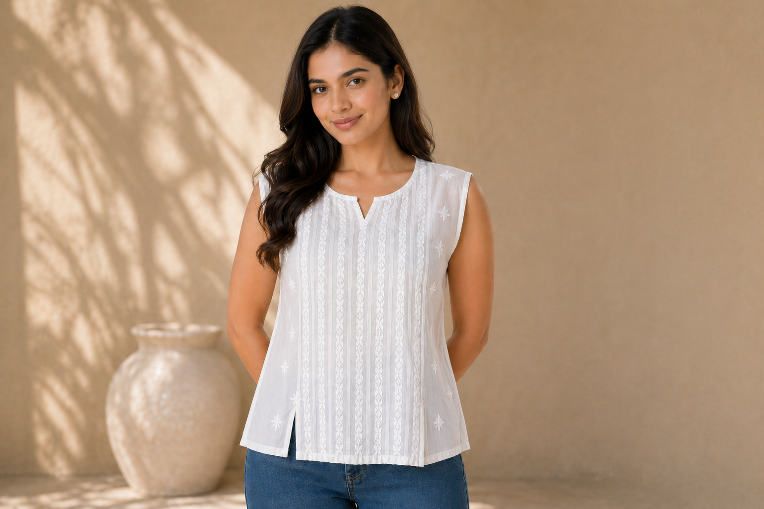 White Chikankari Cambric Cotton Pleated Sleeveless Top
