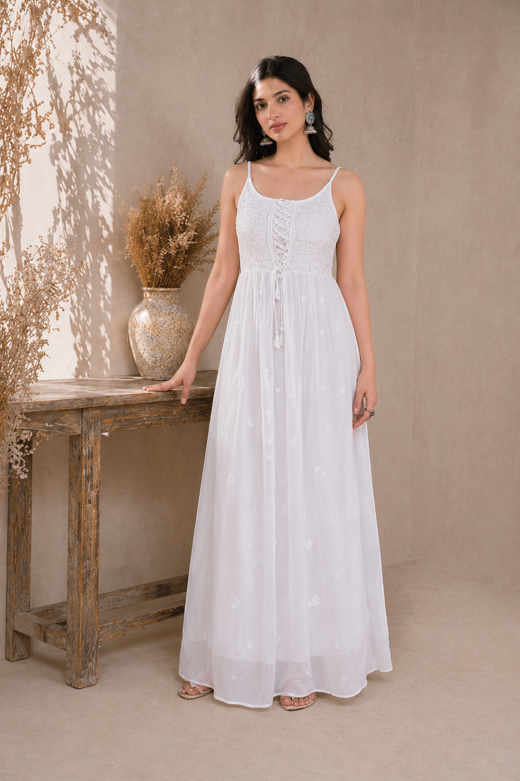 White Chikankari Georgette Lace-Up Dress