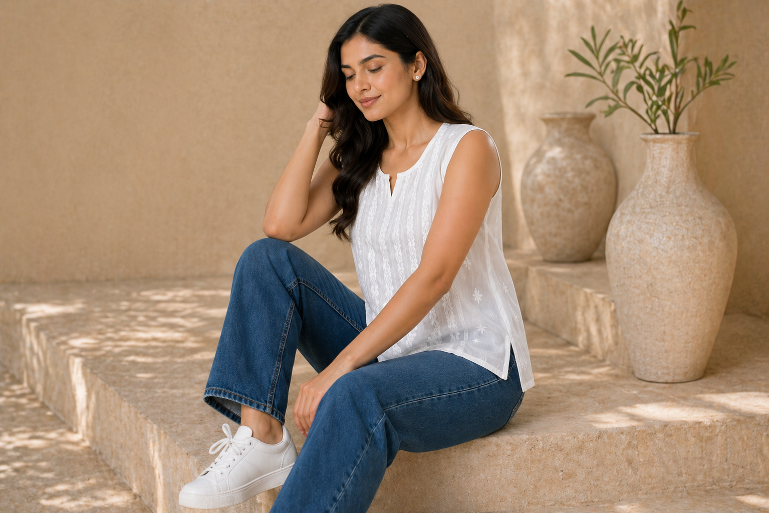 White Chikankari Cambric Cotton Pleated Sleeveless Top