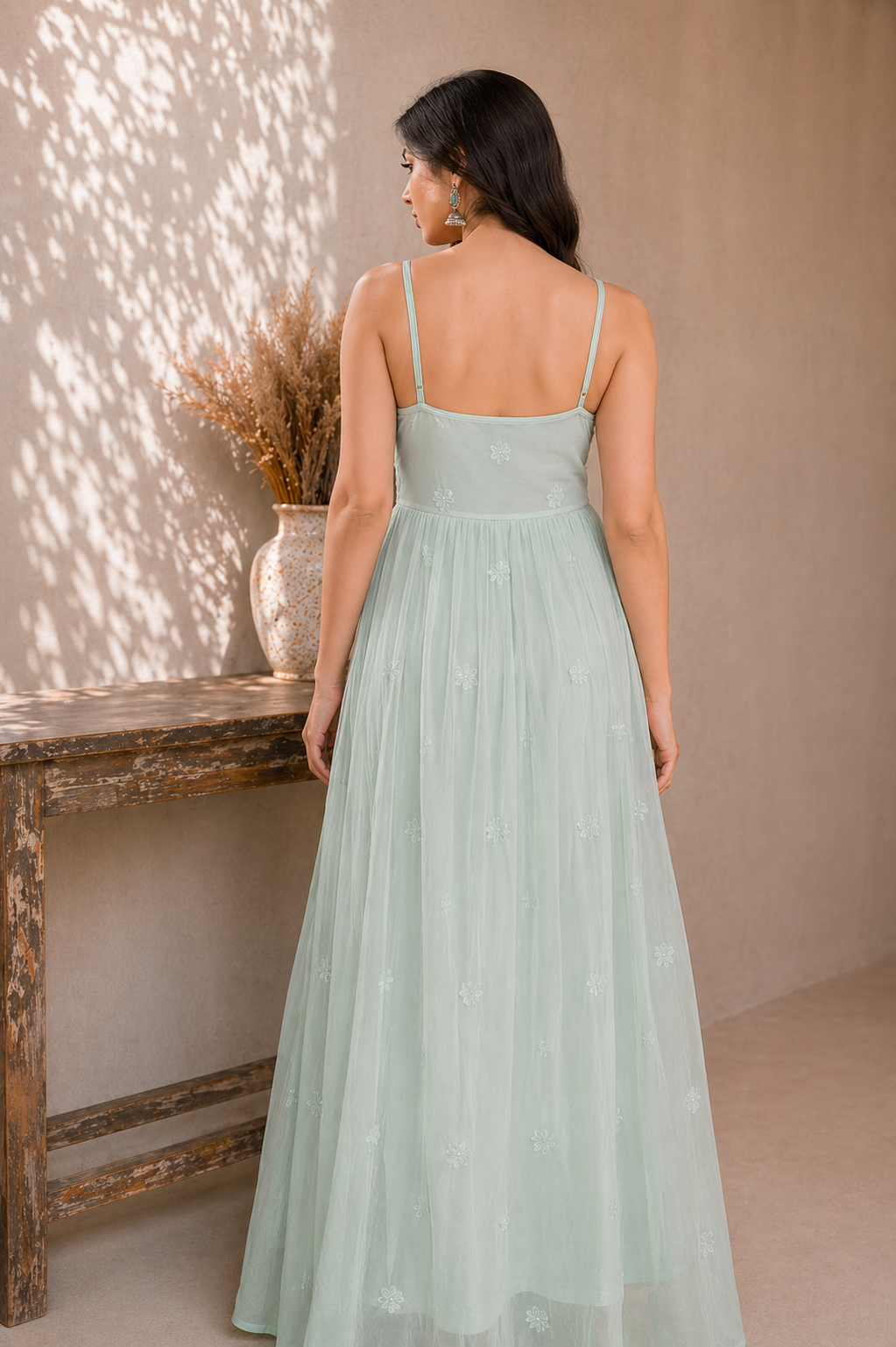 Green Chikankari Georgette Lace-Up Dress